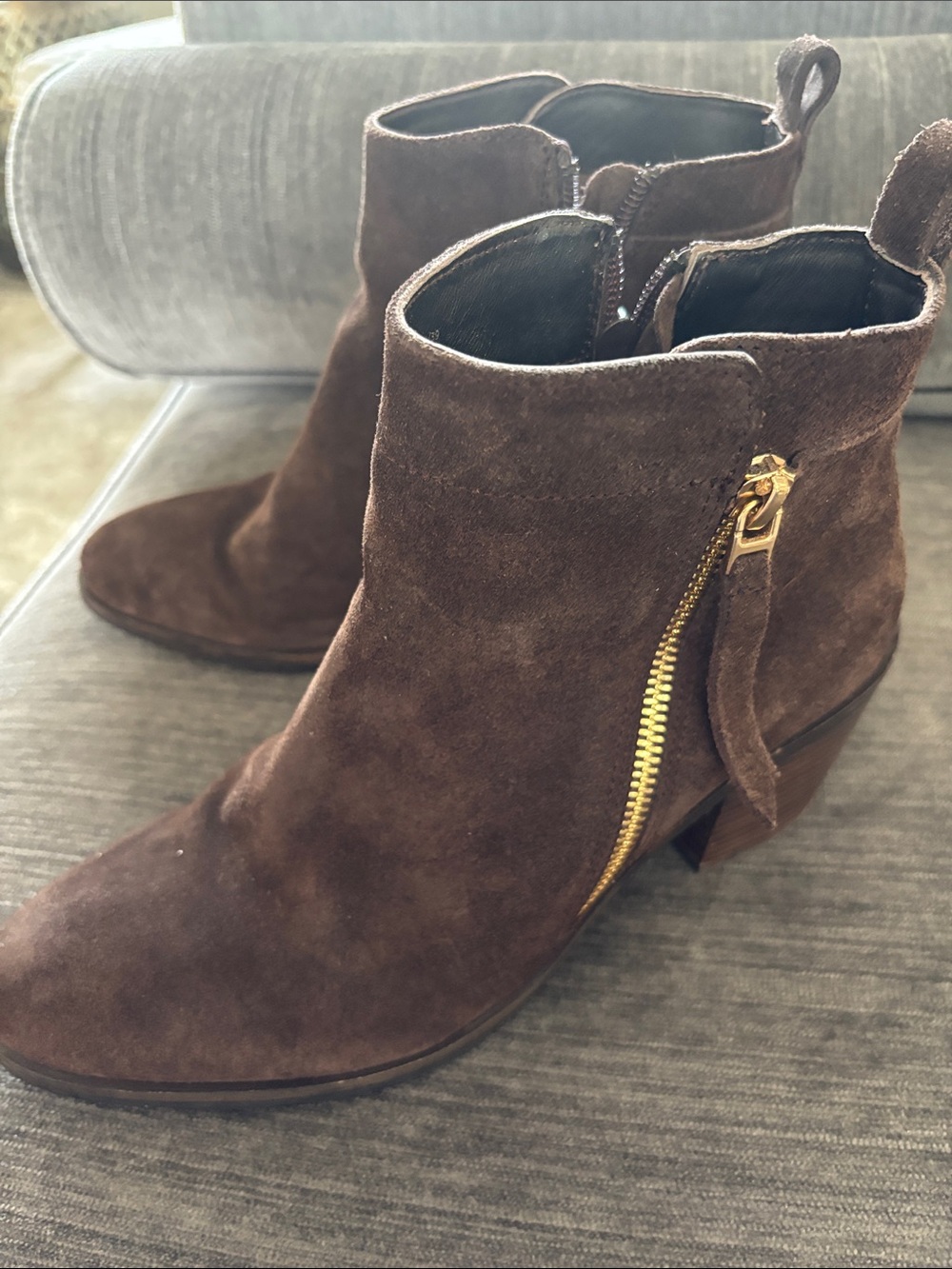 Suede Brown Ankle Booties with Gold Zip Accent